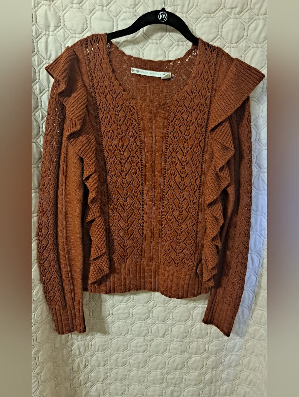 Chelsea & Violet Ruffle-Trim Cable Knit Sweater - Rust Sz M